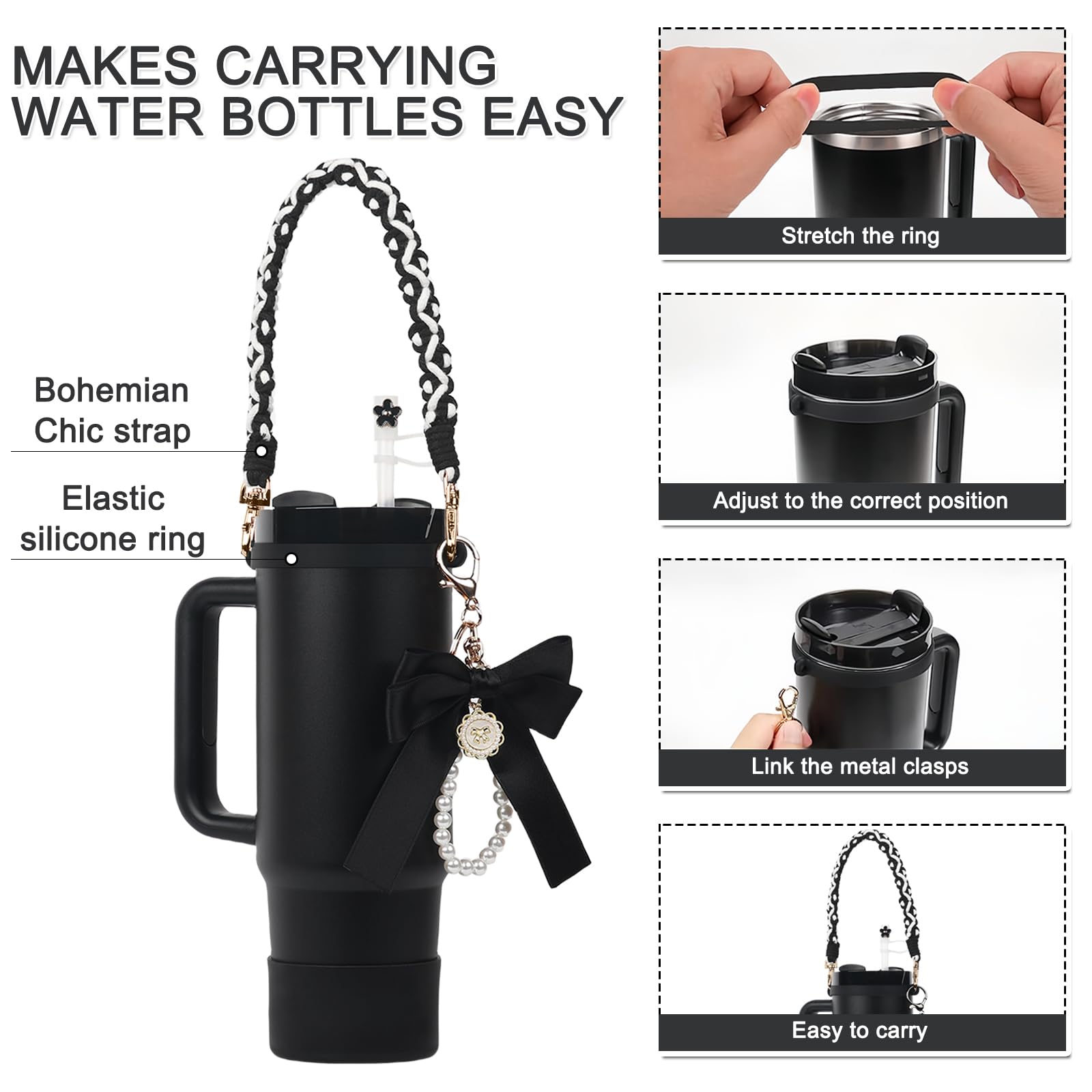 BELSITA Stanley Cup Accessories Set, Bow Pearl Chain Braided Design Water Bottle Handle Strap, Silicone Stanley Cup Boot, Stanley Charms for Stanley Cup 30/40oz Tumble (Black)