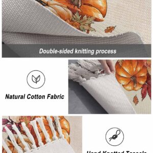 Fall Kitchen Runner Rug 2x5 Bedside Rug with Tassel Cotton Woven Throw Rugs Washable Hallway Runner Rug Thanksgiving Orange Pumpkin Maple Leaf Beige Floor Carpet for Bedroom Bathroom Living Room