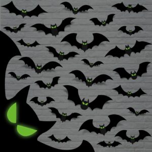 132 pcs halloween bats wall decor with glow in the dark eyes, large halloween 3d bats stickers black bats decals decorations indoor, pvc bats for halloween party