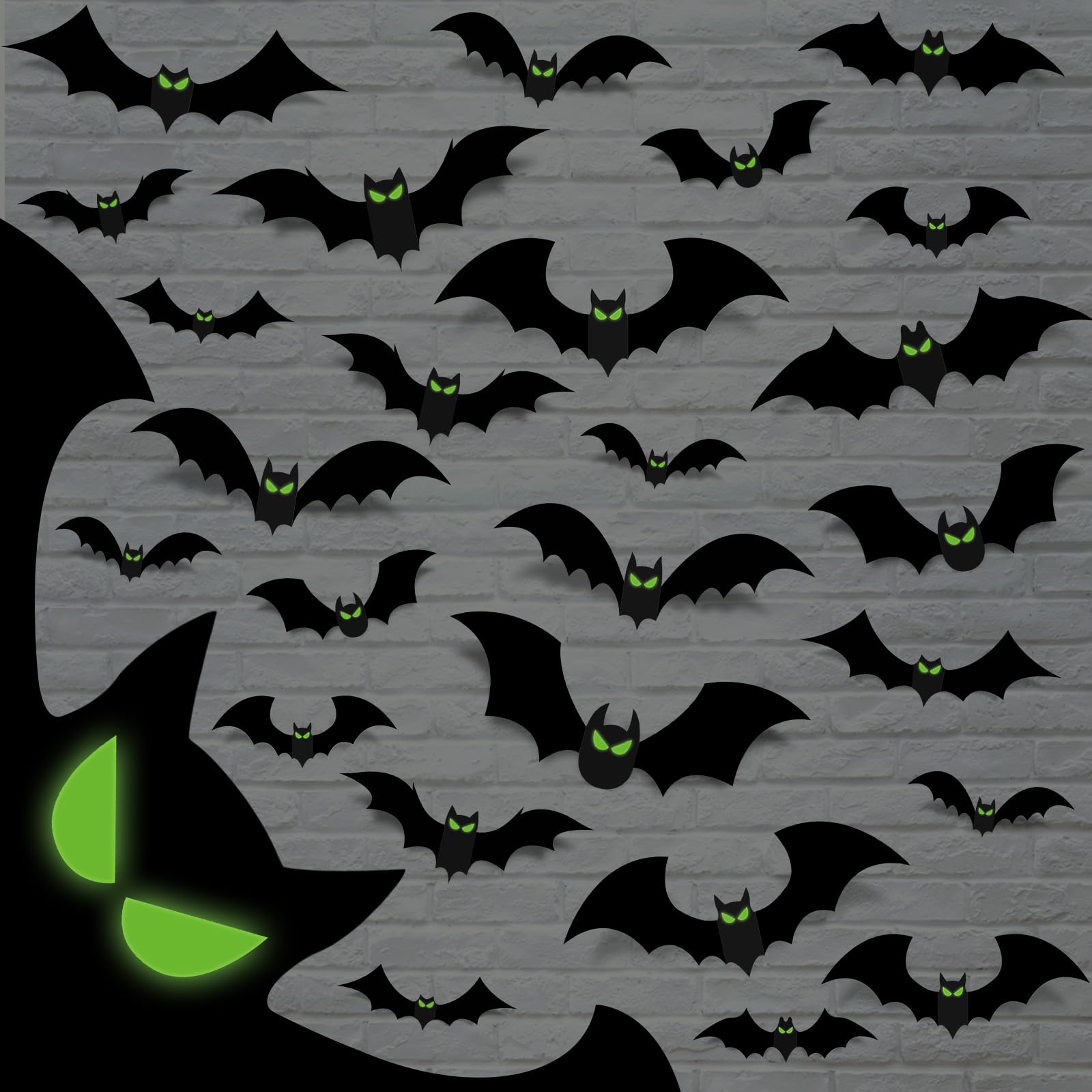 132 Pcs Halloween Bats Wall Decor with Glow in The Dark Eyes, Large Halloween 3D Bats Stickers Black Bats Decals Decorations Indoor, PVC Bats for Halloween Party