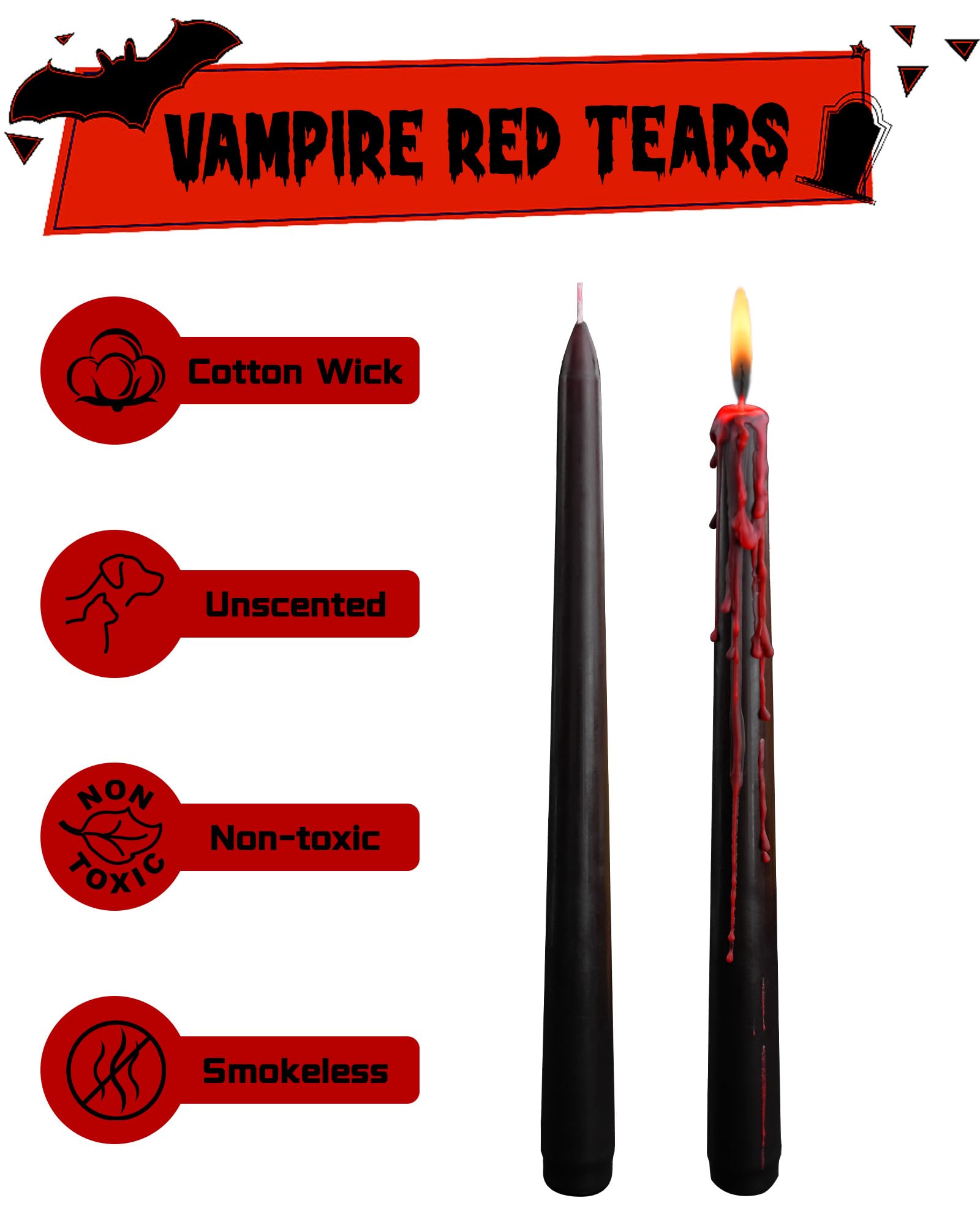 Viyffo Vampire Tears Taper Candles 10 Inch Set of 4 Unscented, Smokeless Long Tall Black Tapered Candle Sticks for Home, Spooky Decor Gothic