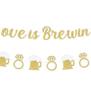 Cheereveal Beer Themed Bridal Shower Decorations, Love Is Brewing Banner Sign, Gold Glitter Beer Diamond Ring Garland for Bachelorette Wedding Engagement Anniversary Party Supplies