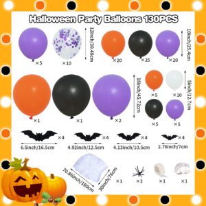 Halloween Balloons Garland Arch Kit,130PCS Halloween Party Balloons with Spider Web,Bats Stickers,Purple Orange and Black Balloons for Halloween Party Decorations Halloween Birthday Baby Shower