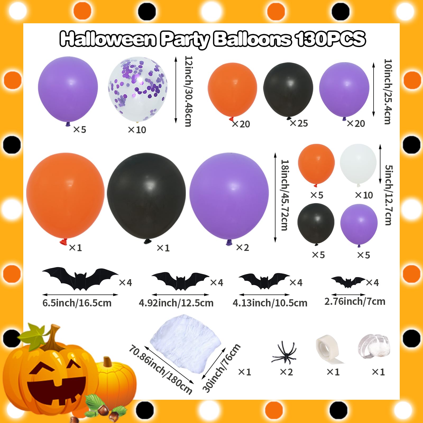 Halloween Balloons Garland Arch Kit,130PCS Halloween Party Balloons with Spider Web,Bats Stickers,Purple Orange and Black Balloons for Halloween Party Decorations Halloween Birthday Baby Shower