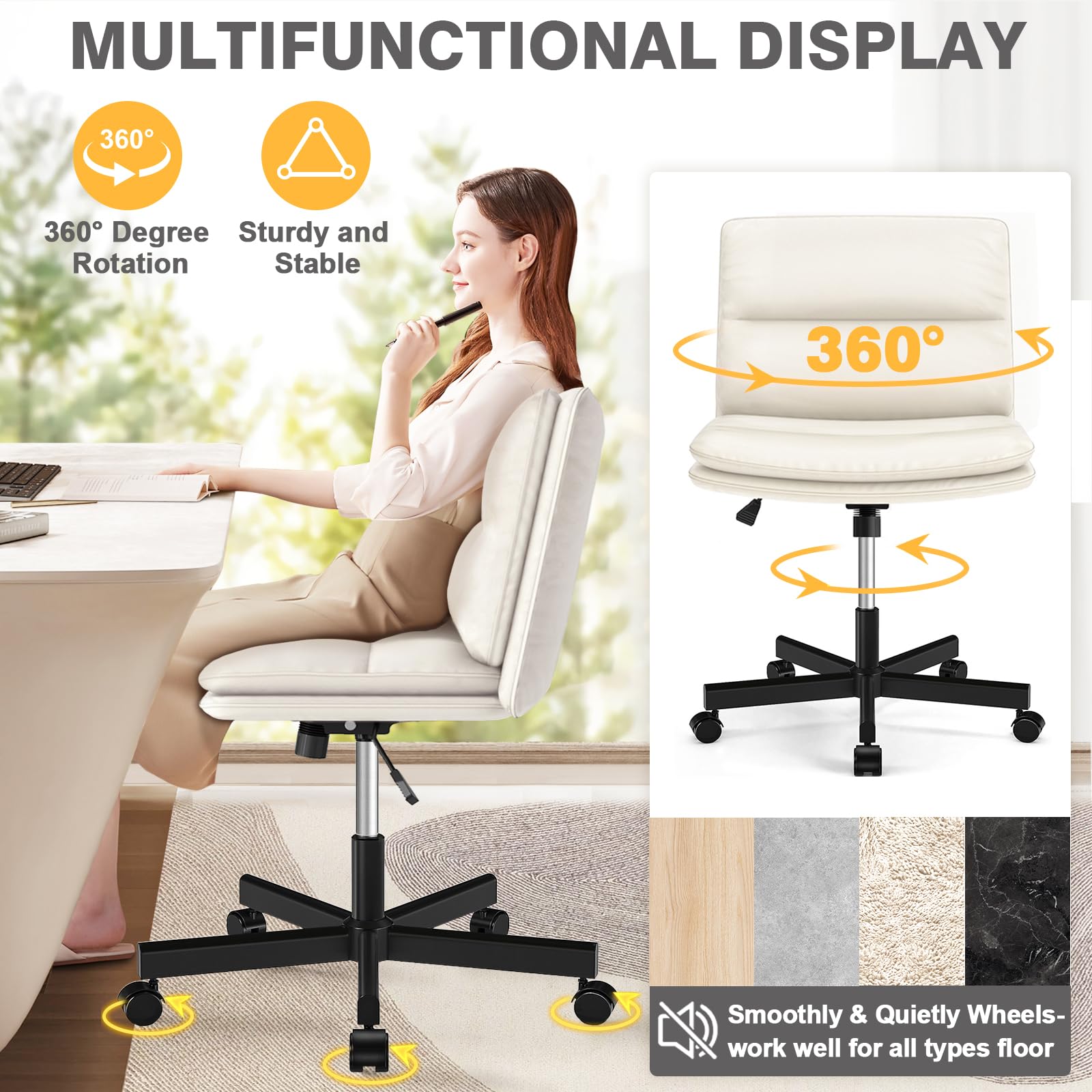 TVON Armless Office Desks Chair with Wheels and Thickened Cushion, Ergonomic Home Office Computer Chair, Comfortable Swivel Chair with Height Adjustment and Rocking Function