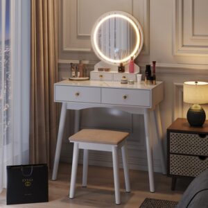 JUMMICO Makeup Vanity Desk with Round Mirror and Lights, Vanity Table Makeup Desk 4 Storage Drawers 3 Adjustable Colors LED Lights Matched Soft Cushioned Stool for Girls Bedroom (White) …