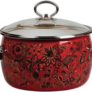 HOMEHUT Traditional Khokhloma Vitross Imperio Enamelware Pot - Durable Enameled Steel Heat-Resistant Stock Pot Set with Glass Lid, Hygienic and Dishwasher Safe 4L