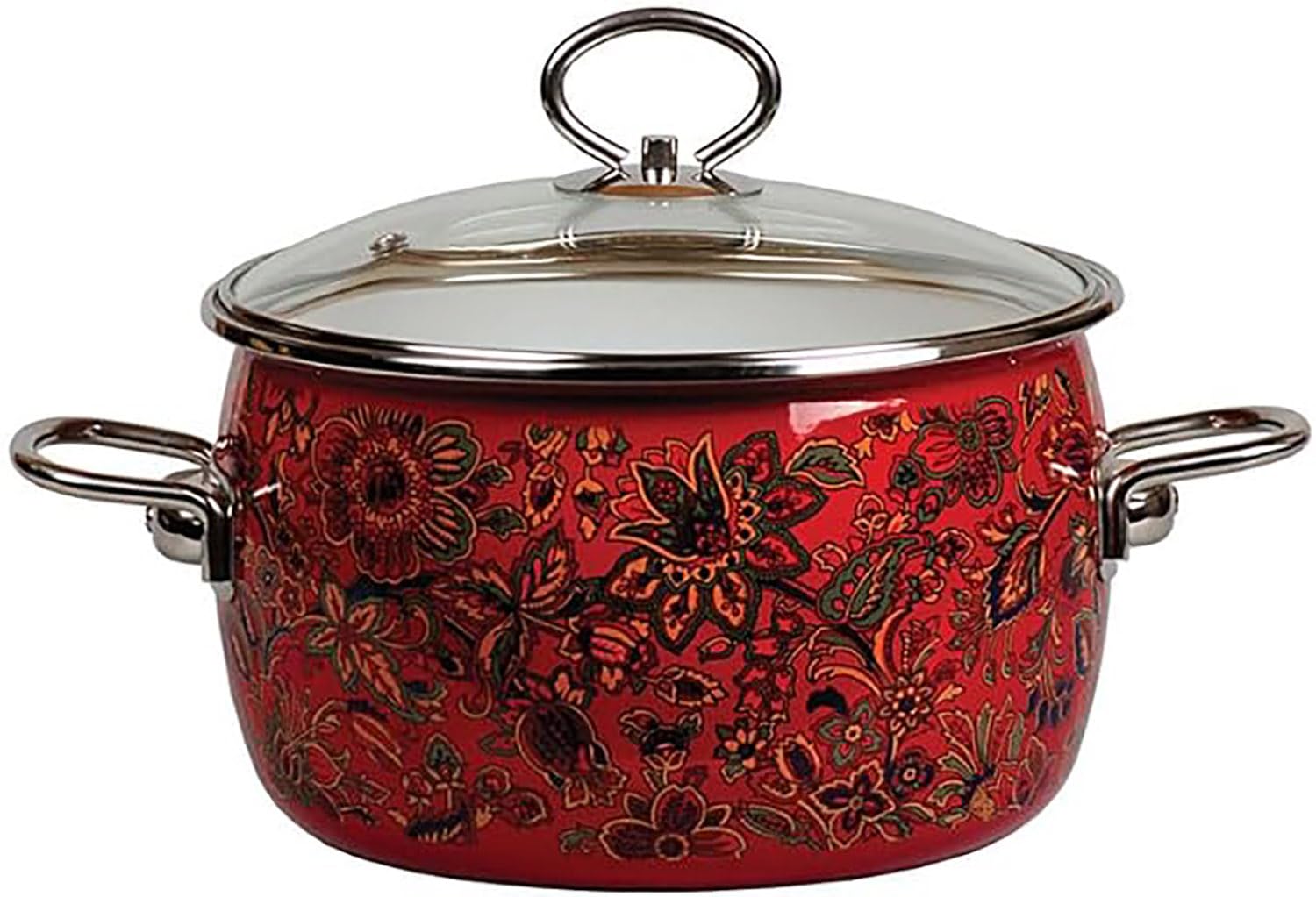 HOMEHUT Traditional Khokhloma Vitross Imperio Enamelware Pot - Durable Enameled Steel Heat-Resistant Stock Pot Set with Glass Lid, Hygienic and Dishwasher Safe 4L