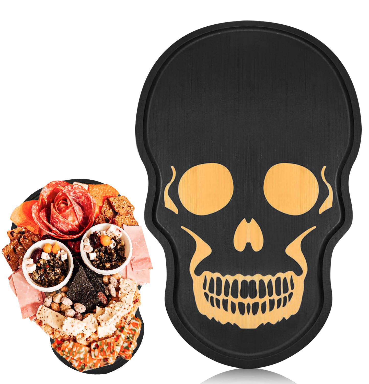 Halloween Charcuterie Boards,Black Skull Serving Trays and Platters, Wooden Cheese Board Candy Bowl Gothic Kitchen Dishes Halloween Party Day of The Dead Decor