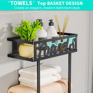 HapiRm Towel Rack Bathroom Storage - 3 Tier Over The Door Towel Rack with Metal Shelf Basket and 6 Hooks, Wall Mount Towel Holder, Rolled Towel Organizer for Small Bathroom (Black)