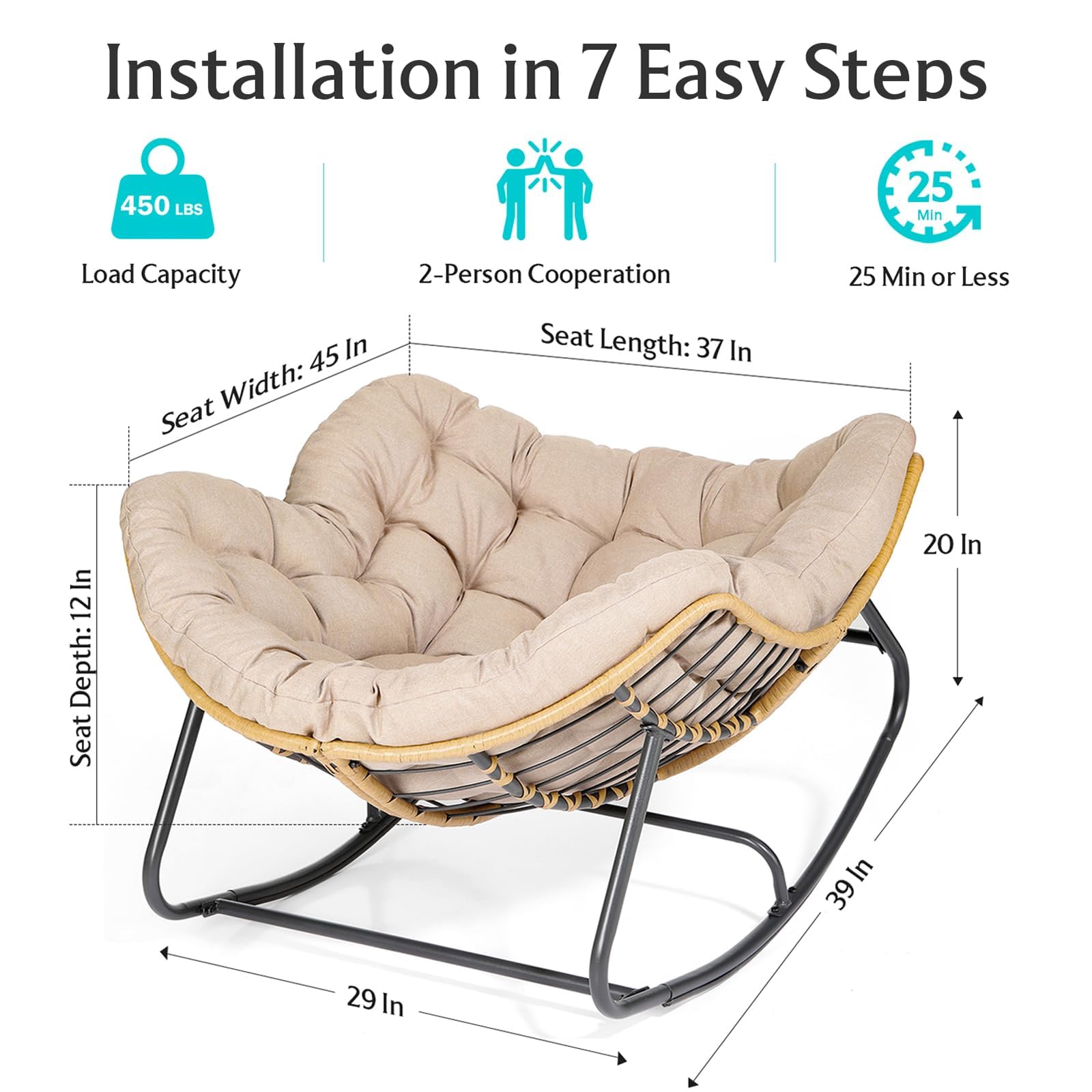 LEYCAY Outdoor Patio Rocking Chair, Royal Papasan Chair, Oversize Indoor Reading Chair with Cushion for Living Room Front Porch Garden Balcony Lawn-Cream