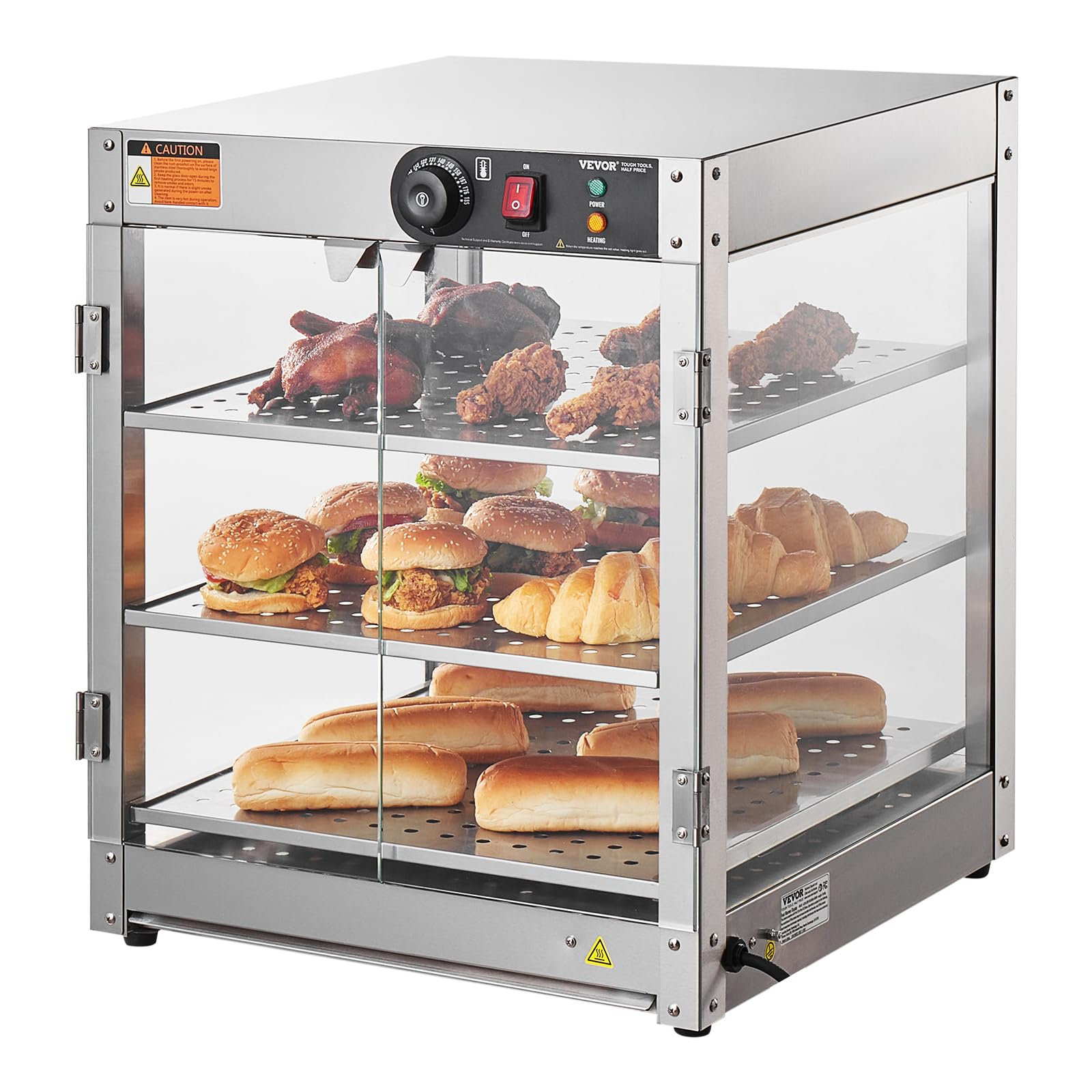 VEVOR 3-Tier Commercial Food Warmer Display, 800W Food Display Warmer with Light to Enhance Food Display, 86℉~185℉ Temperature Control, 90L Large Capacity for Hamburger, Pizza, Bread, Fried Chicken