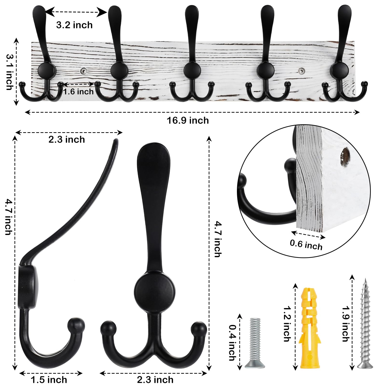 Kuhome Coat Rack Wall Mount Wooden Hat Rack for Wall Hooks Pine Real Wood Plank 16.9" White Coat Hanger with 5 Black Triple Hooks for Hanging Coat Hat Jacket