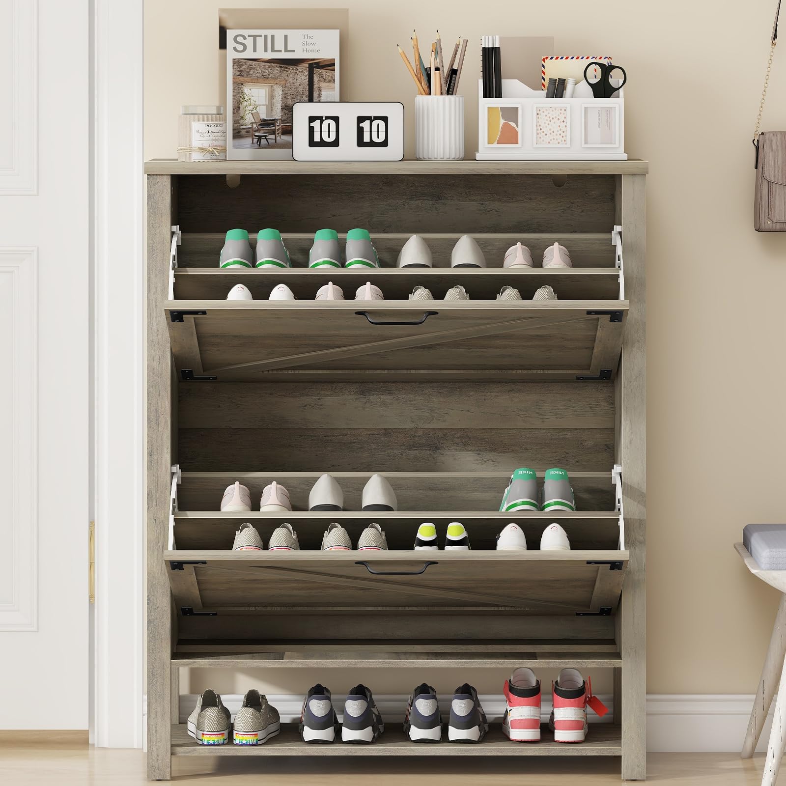 Shoe Cabinet with 2 Flip Drawers, Farmhouse Shoe Storage Cabinet for Entryway, Freestanding Shoe Organizer with Open Storage Rack, Narrow Shoe Rack Cabinet, Grey