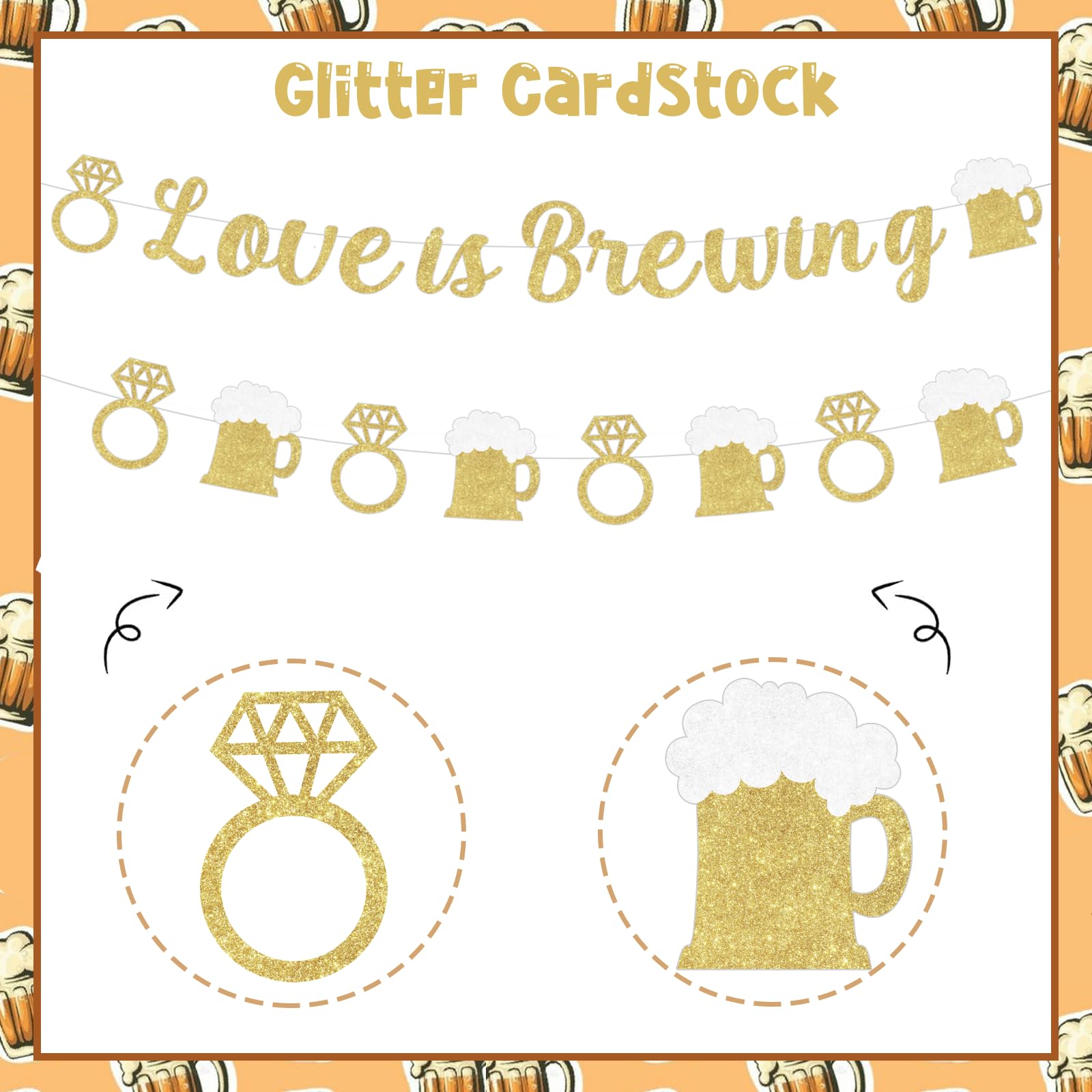 Cheereveal Beer Themed Bridal Shower Decorations, Love Is Brewing Banner Sign, Gold Glitter Beer Diamond Ring Garland for Bachelorette Wedding Engagement Anniversary Party Supplies