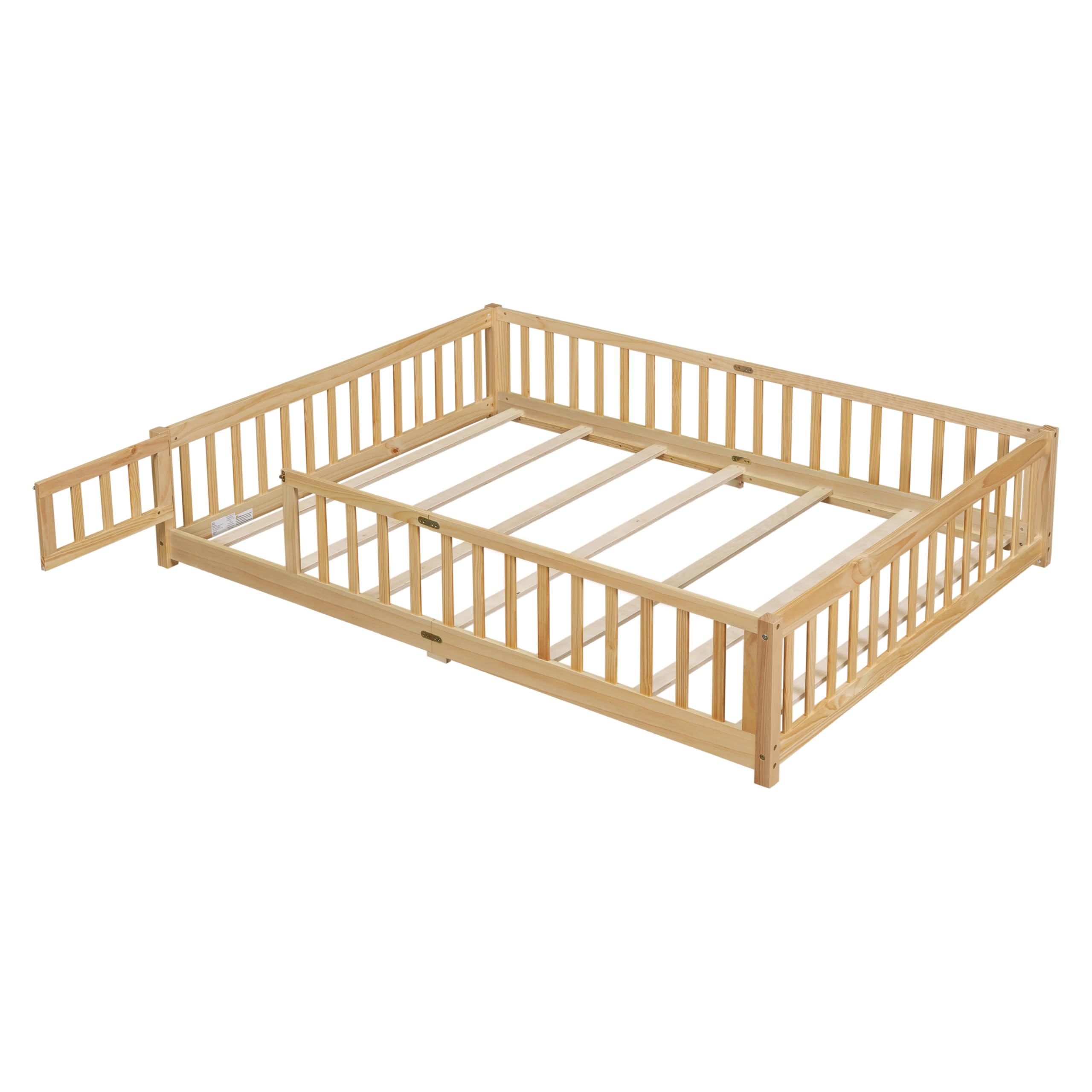 Bellemave Queen Size Floor Bed with Door,Kids Montessori Floor Bed with Slats and Fence,Solid Wood Queen Bed Frame for Girls Boys(Queen,Natural)