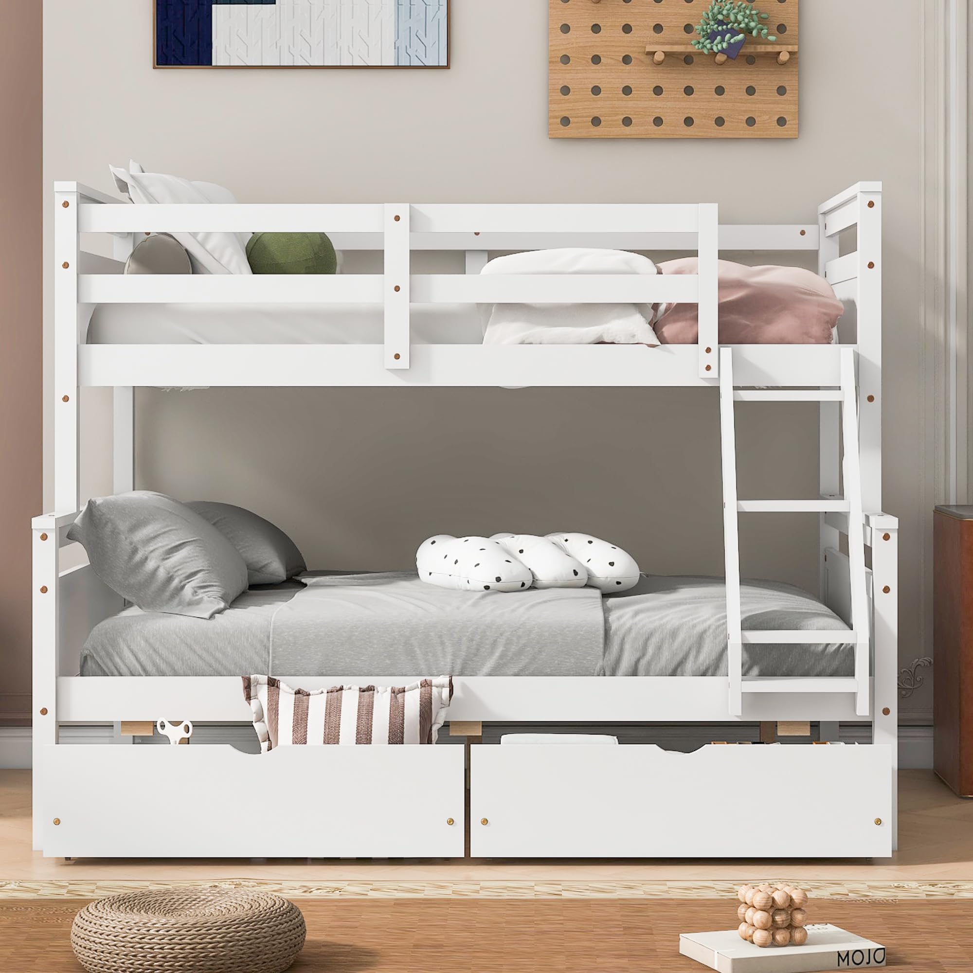 Merax Twin Over Full Bunk Bed, Kids Bedroom White Wooden Bunk Bed Frame, Convertible to 2 Separated Beds with 2 Big Drawers, Ladder & Guardrail for Teens, Wood Slat Support, Easy Assembly, White