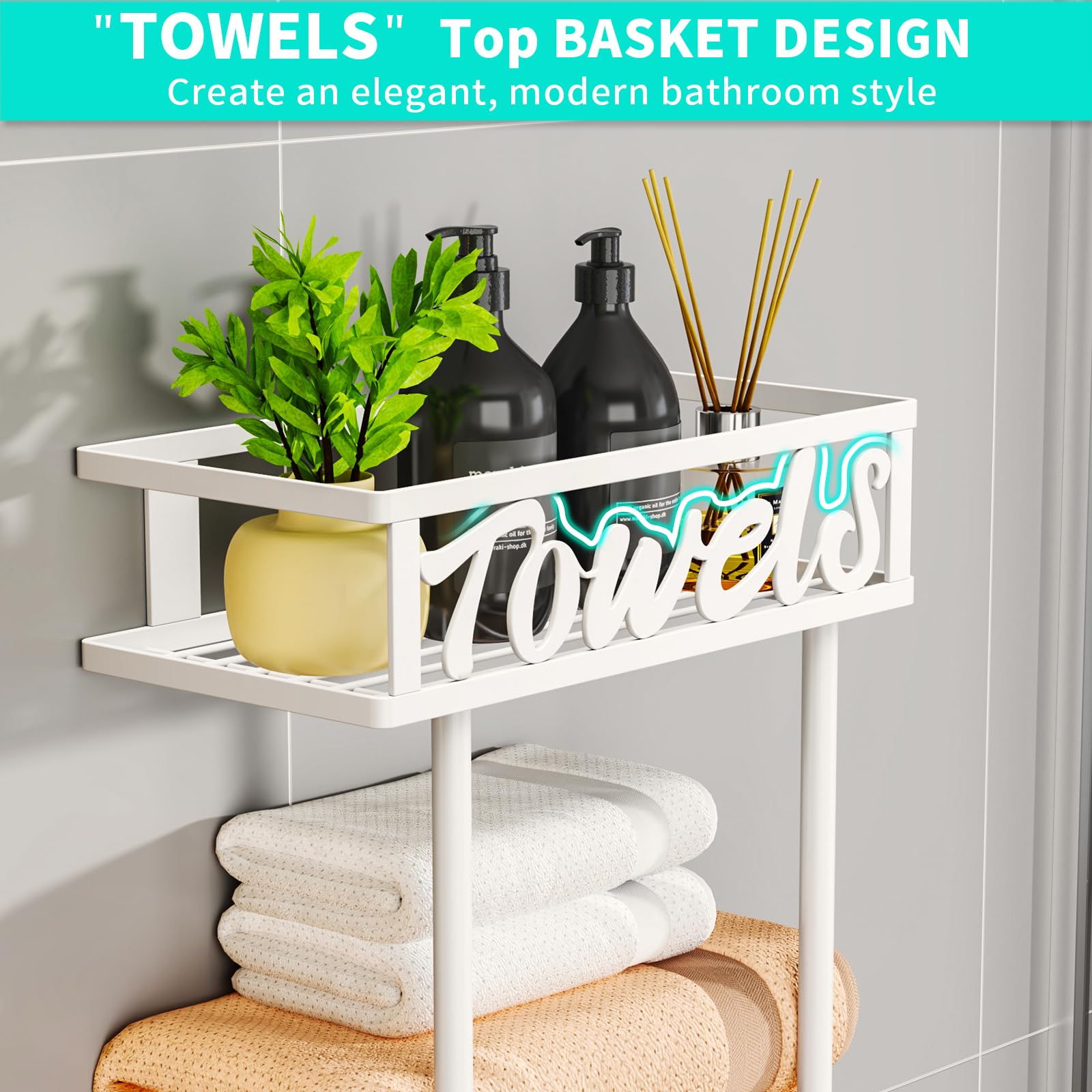 HapiRm Towel Rack Bathroom Storage - 3 Tier Over The Door Towel Rack with Metal Shelf Basket and 6 Hooks, Wall Mount Towel Holder, Rolled Towel Organizer for Small Bathroom (White)