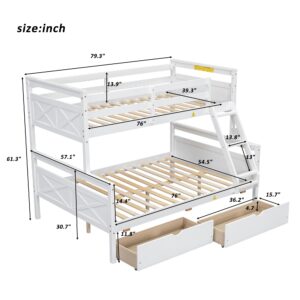 Merax Twin Over Full Bunk Bed, Kids Bedroom White Wooden Bunk Bed Frame, Convertible to 2 Separated Beds with 2 Big Drawers, Ladder & Guardrail for Teens, Wood Slat Support, Easy Assembly, White