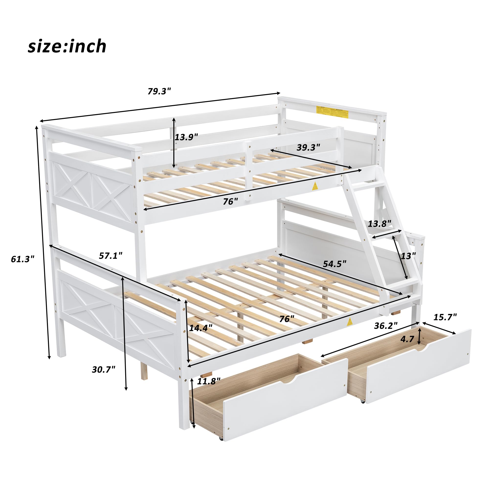 Merax Twin Over Full Bunk Bed, Kids Bedroom White Wooden Bunk Bed Frame, Convertible to 2 Separated Beds with 2 Big Drawers, Ladder & Guardrail for Teens, Wood Slat Support, Easy Assembly, White