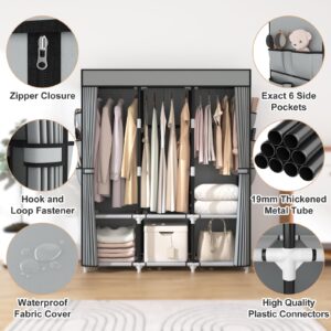 VTRIN Portable Closet, Wardrobe Closet for Hanging Clothes Closet with Cover, 3 Hanging rods, 6 Storage Shelves and Side Pockets, Diameter 19mm Metal Pipe, Free Standing Closet for Bedroom