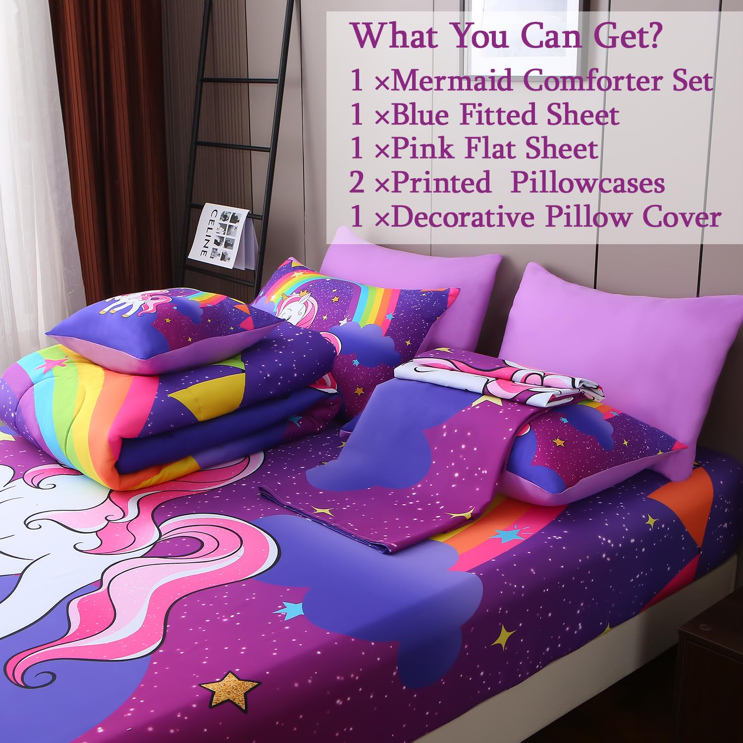 JQinHome Unicorn Twin Bedding Sets for Girls Kids,6 Piece Bed in A Bag 3D Purple Rainbow Theme Unicorn Comforter Set with Sheet Set(Rainbow)