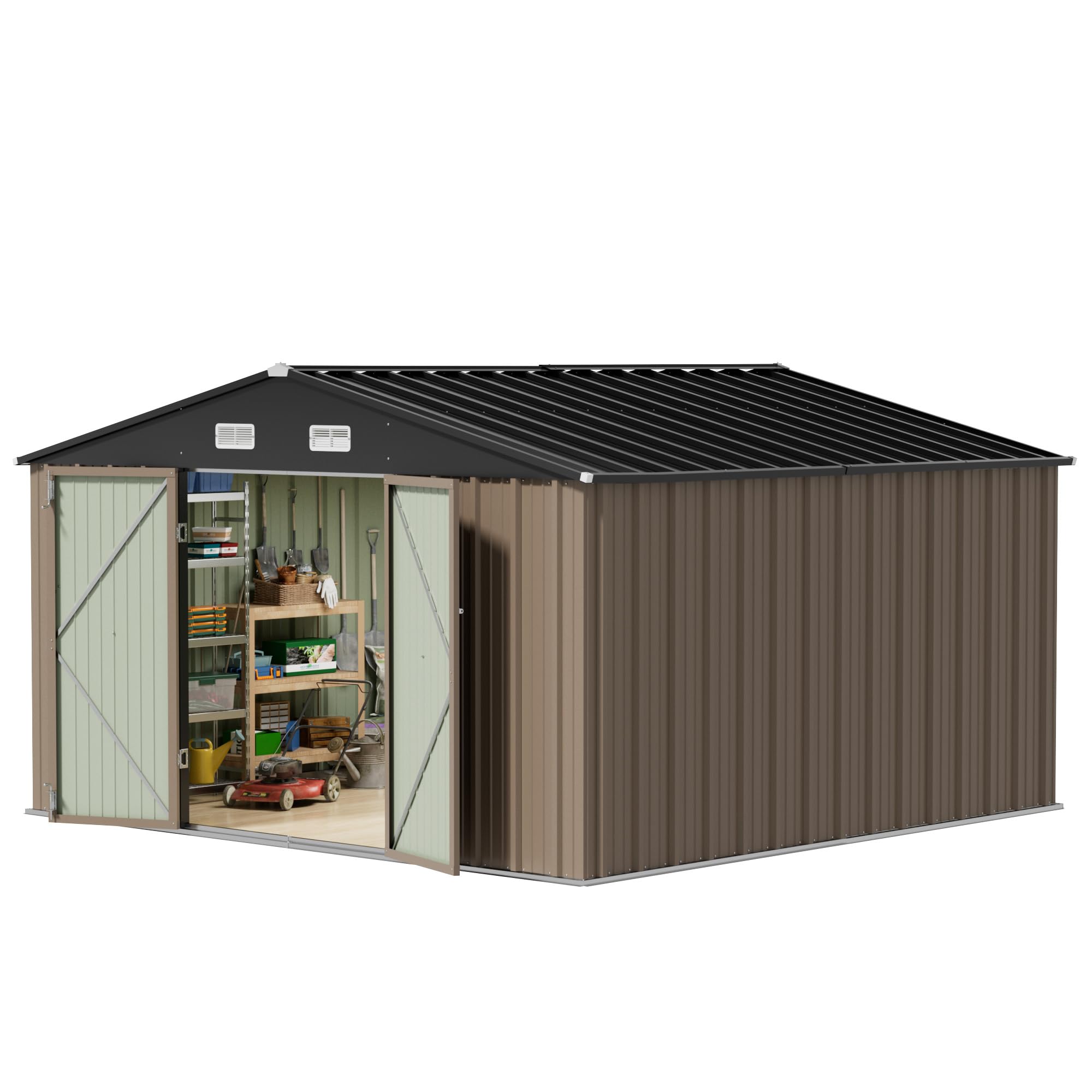 TREEVAN Outdoor Storage Sheds 10x10 FT, Outdoor Metal Shed with Vents and Lockable Door for Patio Storage, Brown