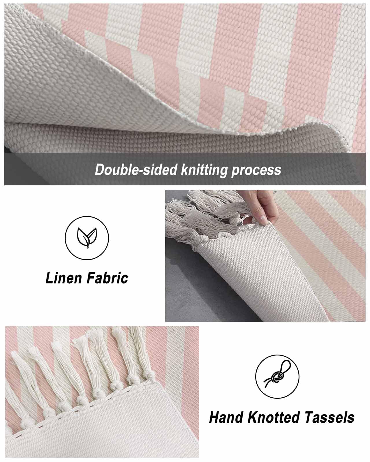 Pink Stripe Bath Rug 2x3ft Woven Bathroom Entryway Runner Rug,White Geometric Striped Modern Boho Minimalist Art Washable Living Room Hallway Bedroom Kitchen Carpet with Tassels Indoor Throw Doormat