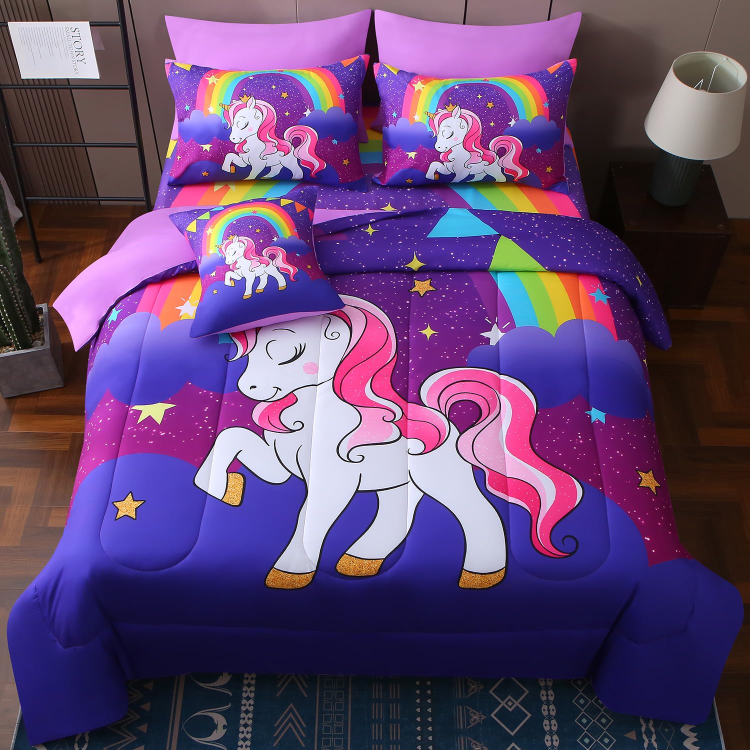 JQinHome Unicorn Twin Bedding Sets for Girls Kids,6 Piece Bed in A Bag 3D Purple Rainbow Theme Unicorn Comforter Set with Sheet Set(Rainbow)