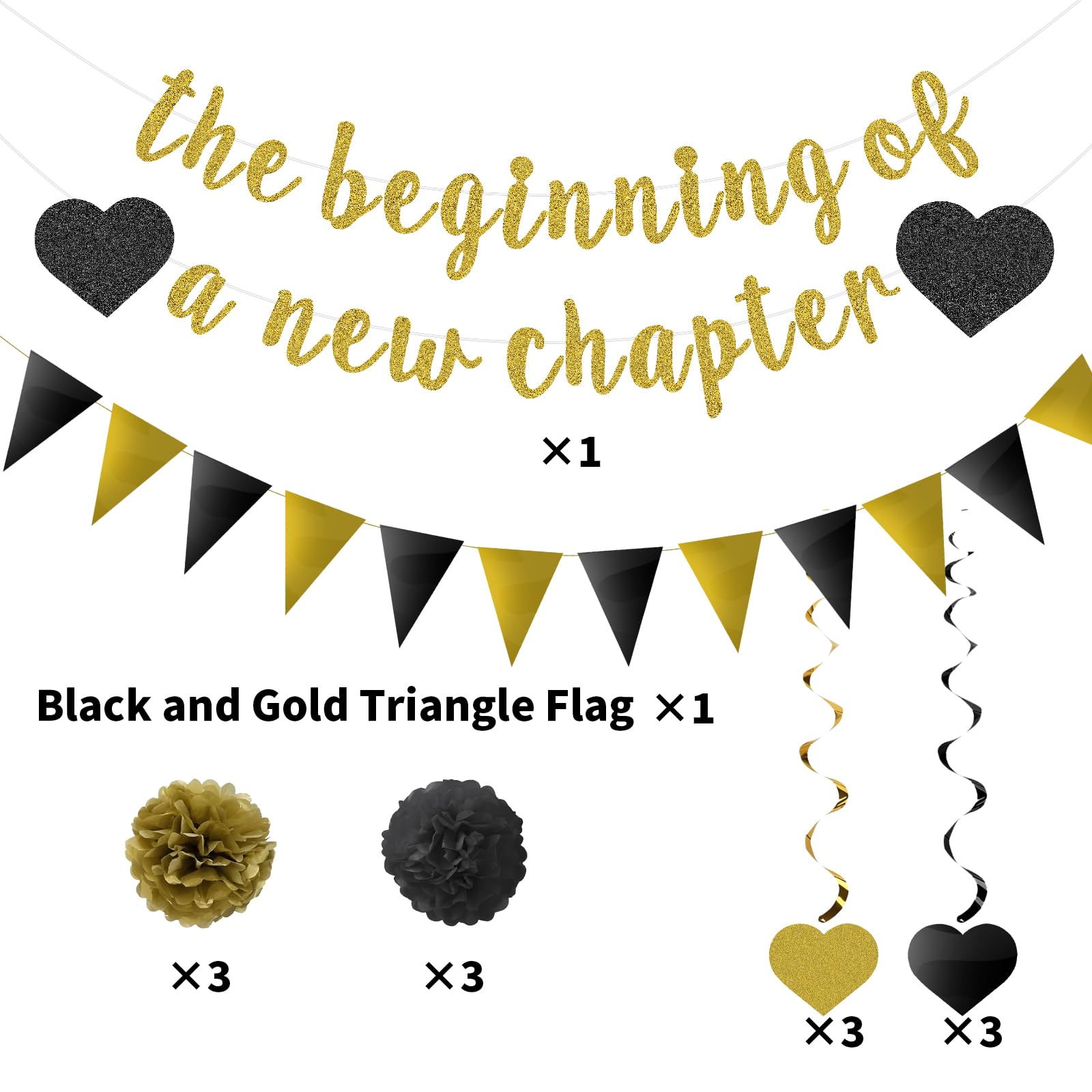 The Beginning of a New Chapter Banner Funny Going Away Party Graduation Happy Retirement Party Decorations Supplies Glitter Black Gold Goodbye Farewell Party Decoration for Coworker Friends Graduates