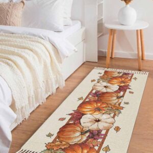 Fall Kitchen Runner Rug 2x5 Bedside Rug with Tassel Cotton Woven Throw Rugs Washable Hallway Runner Rug Thanksgiving Orange Pumpkin Maple Leaf Beige Floor Carpet for Bedroom Bathroom Living Room