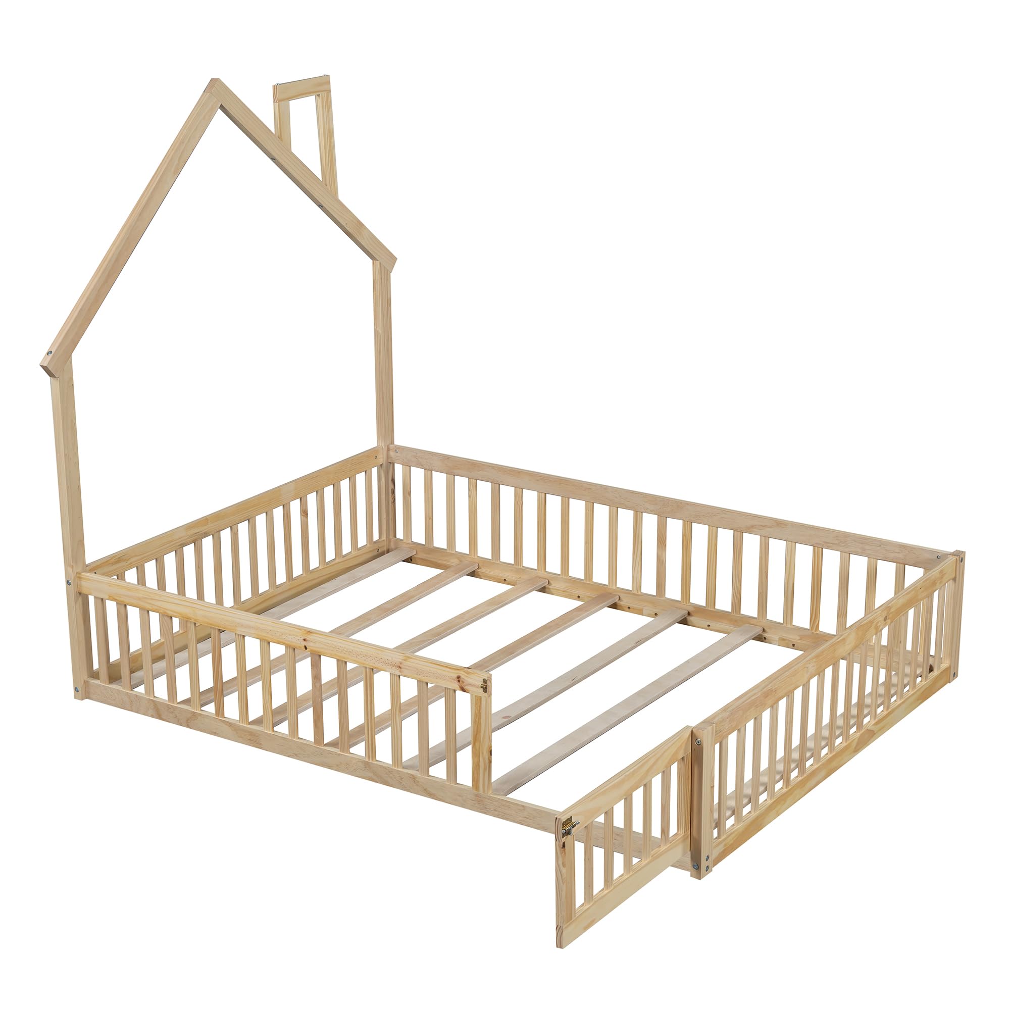 NUGYK Wood Full Size House Platform Bed with Guardrail, Solid Wood Floor Bed Frame with House-Shaped Headboard for Kids, Strong Sturdy Slats Support, Space-Saving Natural