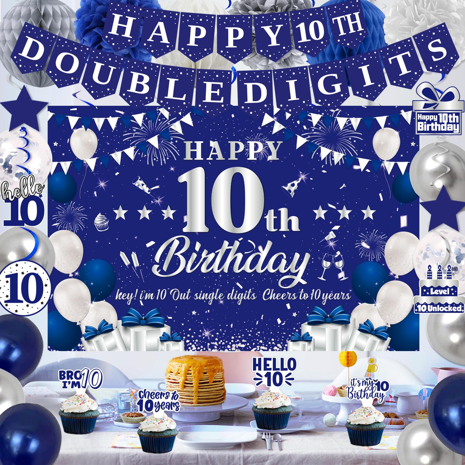 10th Birthday Decorations for Boys Girls, Blue Silver Happy 10th Double Digits Party Decorations, Happy 10th Birthday Backdrop, Banner, Balloon, Hanging Swirl, Birthday Card, Cake Topper, Pompom 57pcs