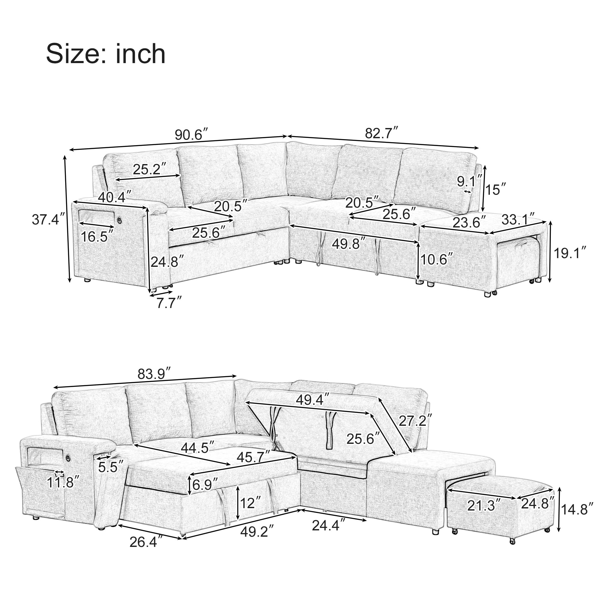 Merax L-Shaped Modular Sofa with Removable Storage Ottoman, USB Ports and Cup Holder, Upholstered Sectional Couch & Armrest, Free Combination Indoor Furniture for Living Room, Apartments, Gray