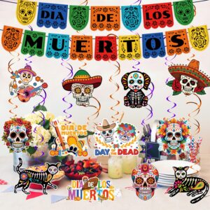 Day of the Dead Decorations for Altar NO-DIY Dia De Los Muertos Party Supplies Include 2pcs Dia De Los Muertos Banner and 12pcs Double Sided Day of the Dead Hanging Swirl for Mexican Halloween Party