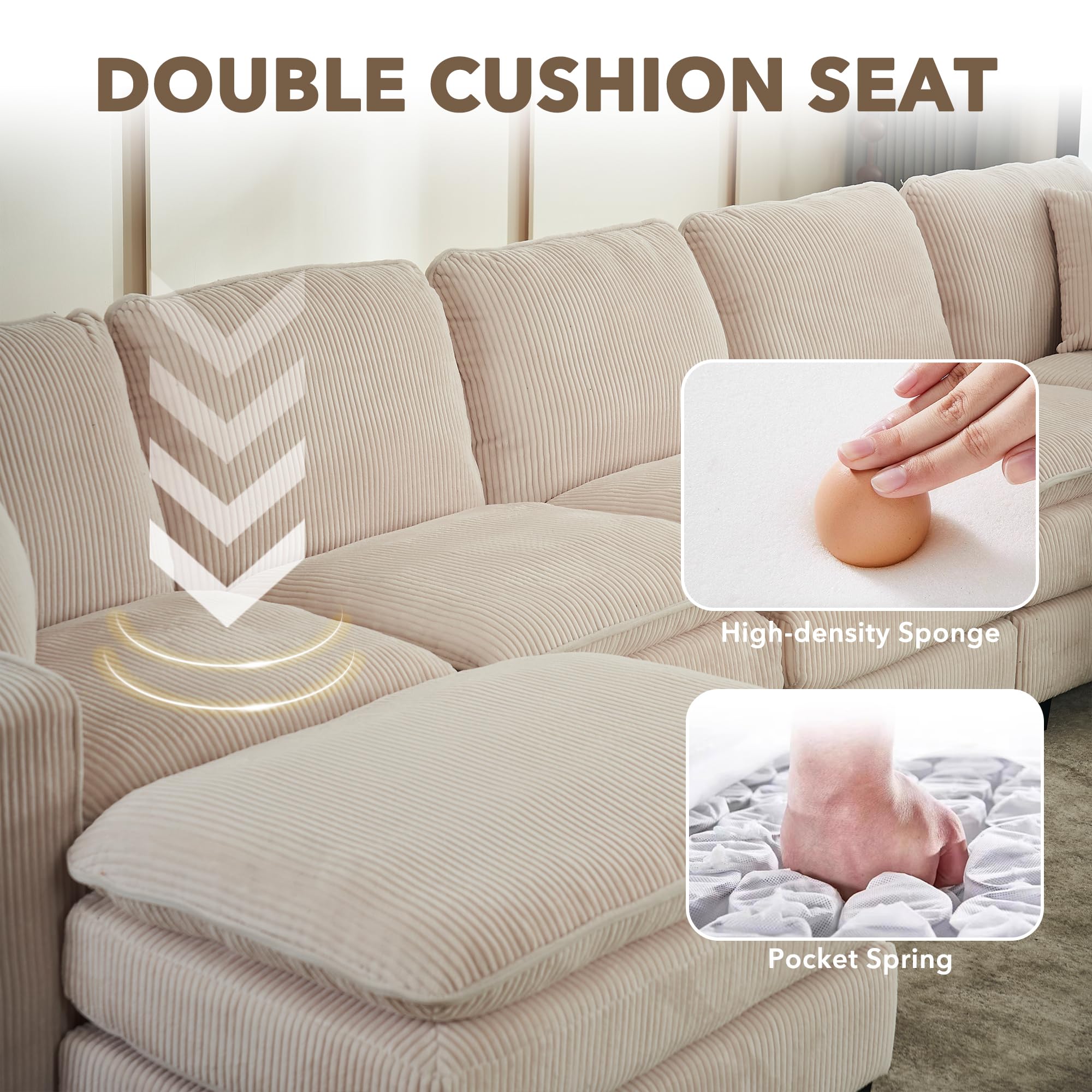 Luxyhoom Modular Sectional Sofa, 6 Seater L-Shaped Convertible Couch with Ottoman, Corduroy Upholstered Living Room Furniture Set, Double Cushion Cloud Corner Couch for Apartment, Hotel, Office, Beige