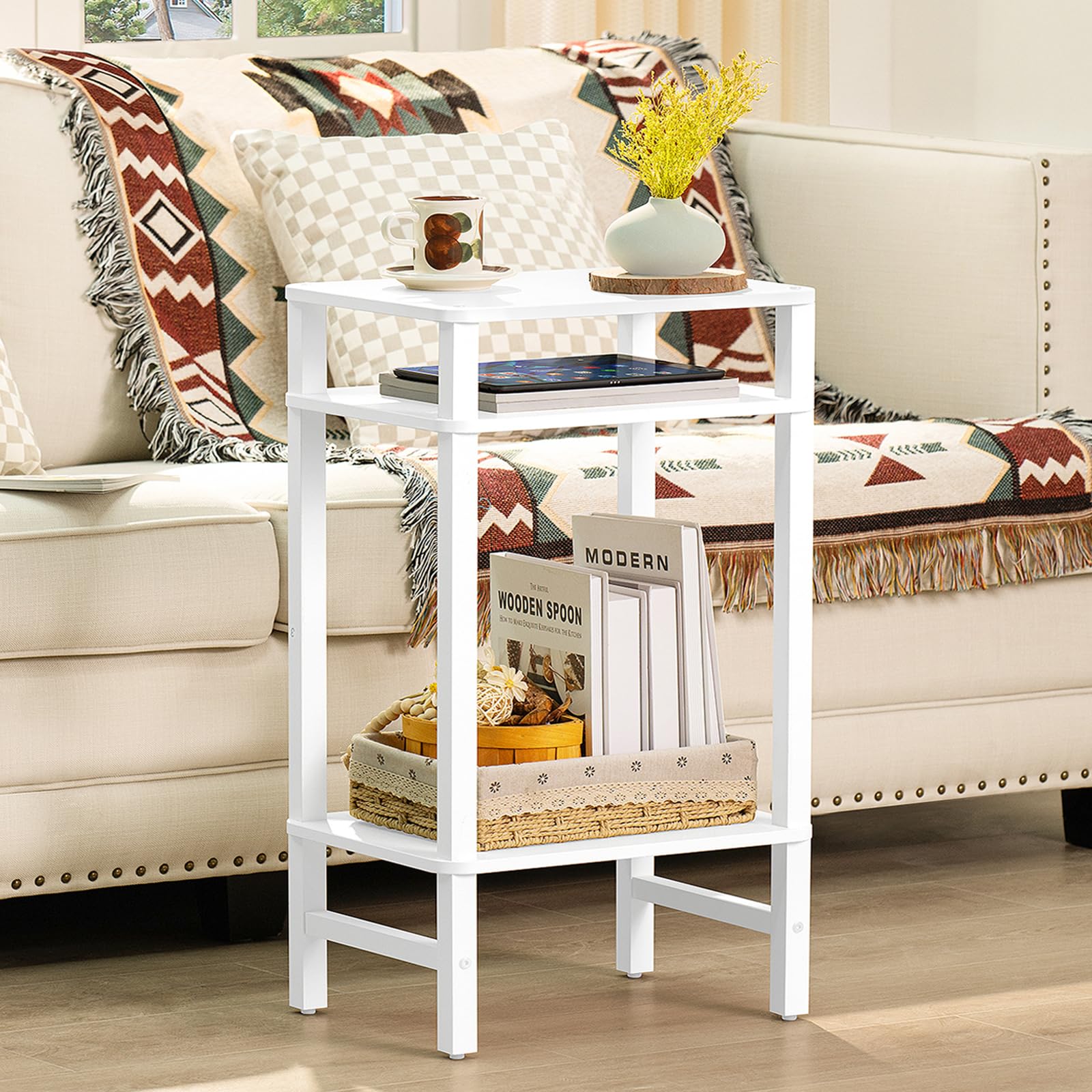 YUFAM 28in Tall Side Tables Set of 2, 3 Tier Small end tables for small spaces, narrow entryway tables with Storage, entrance tables for front door, Wooden frame, for Living Room, Bedroom, Hall, White