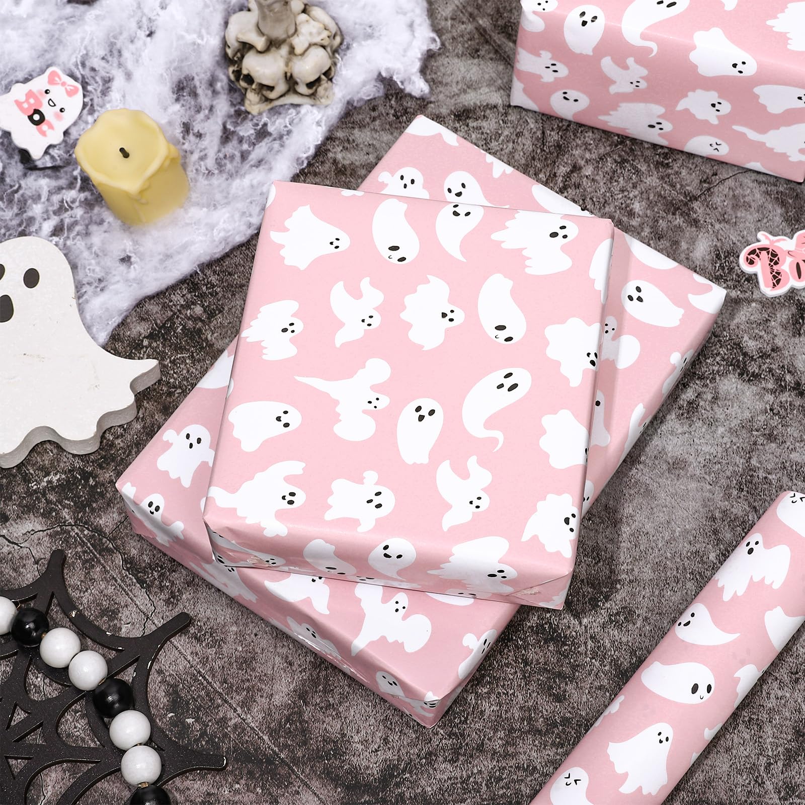 JarThenaAMCS Halloween Ghost Wrapping Paper - Mini Roll - 17 In x 32.8 Ft Pink Cute Cartoon Ghost Boo Gift Wrap Paper for DIY Art Craft Wedding Birthday Baby Shower