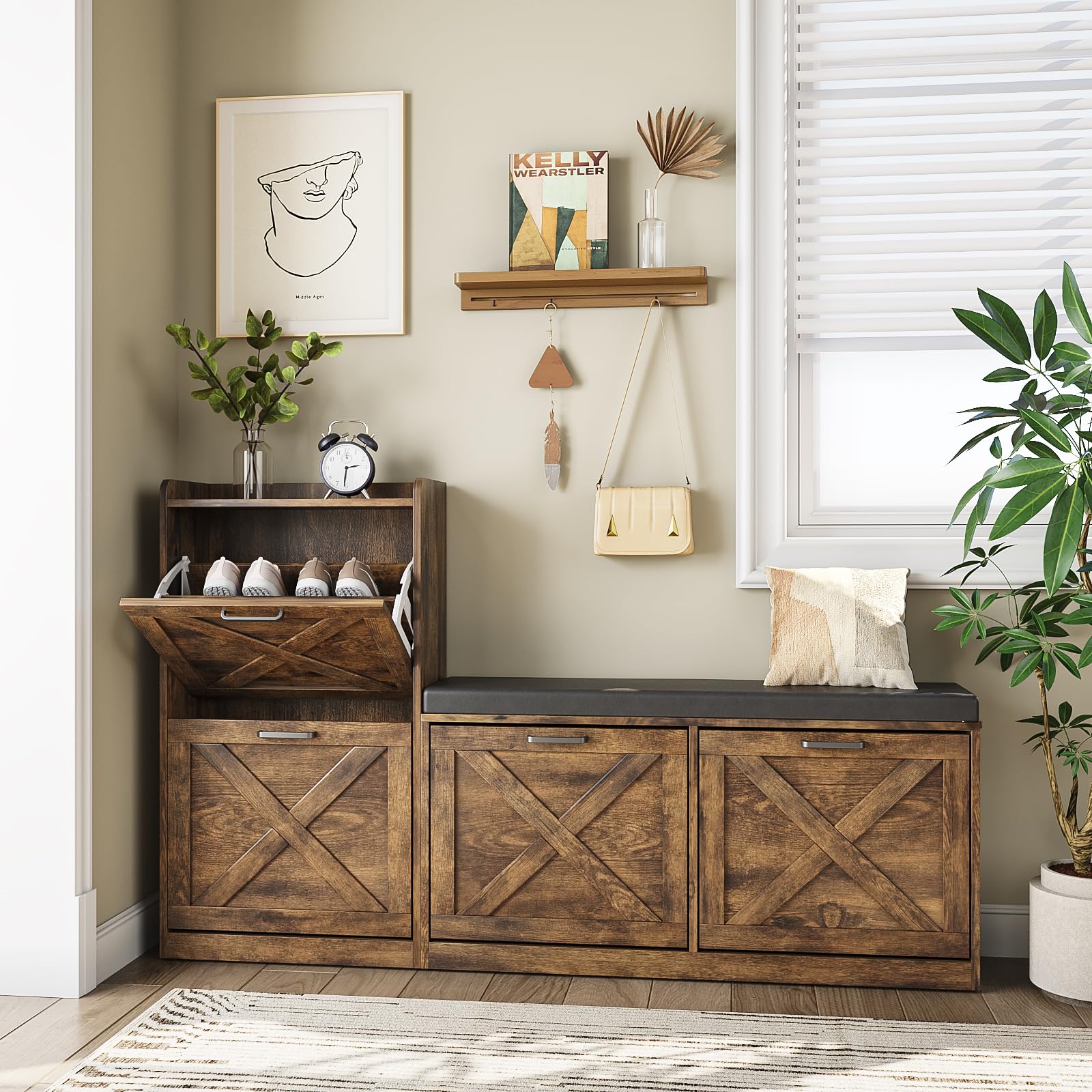 Vabches Shoe Storage Bench with 4 Flip Drawers & Padded Seat Cushion, Farmhouse Shoe Storage for Entryway, Narrow Hallway Shoe Bench, Rustic Brown