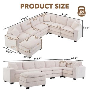 Luxyhoom Modular Sectional Sofa, 6 Seater L-Shaped Convertible Couch with Ottoman, Corduroy Upholstered Living Room Furniture Set, Double Cushion Cloud Corner Couch for Apartment, Hotel, Office, Beige