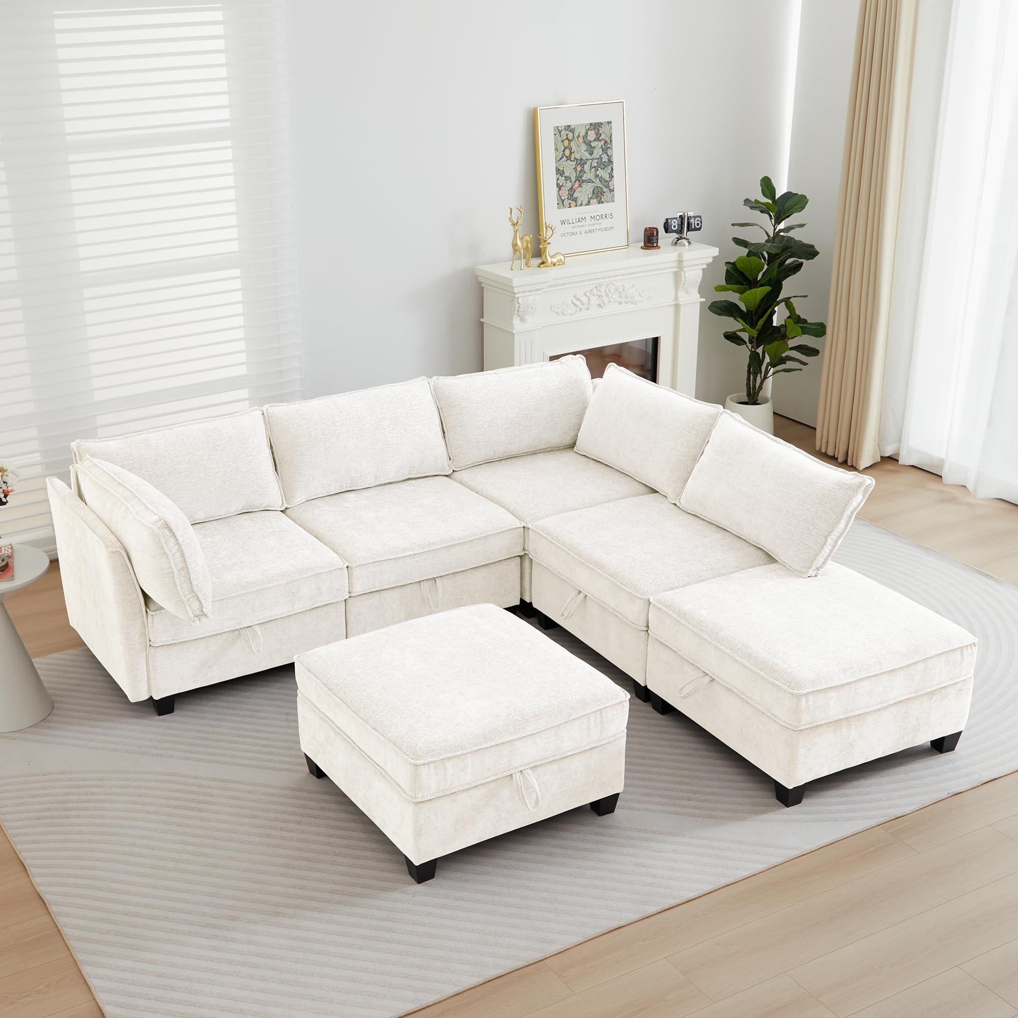 Corner Modular Sectional Sofa Set, Convertible L Shaped Couch with Storage, 6 Seater Sofa Modular with Ottomans and Reversible Chaise for Living Room, Office (Beige)