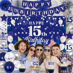 15th Birthday Decorations for Boys Girls, Blue Silver Happy 15th Birthday Party Decorations, Happy 15th Birthday Backdrop, Banner, Balloons, Hanging Swirls, Birthday Cards, Cake Toppers, Pompoms 54pcs