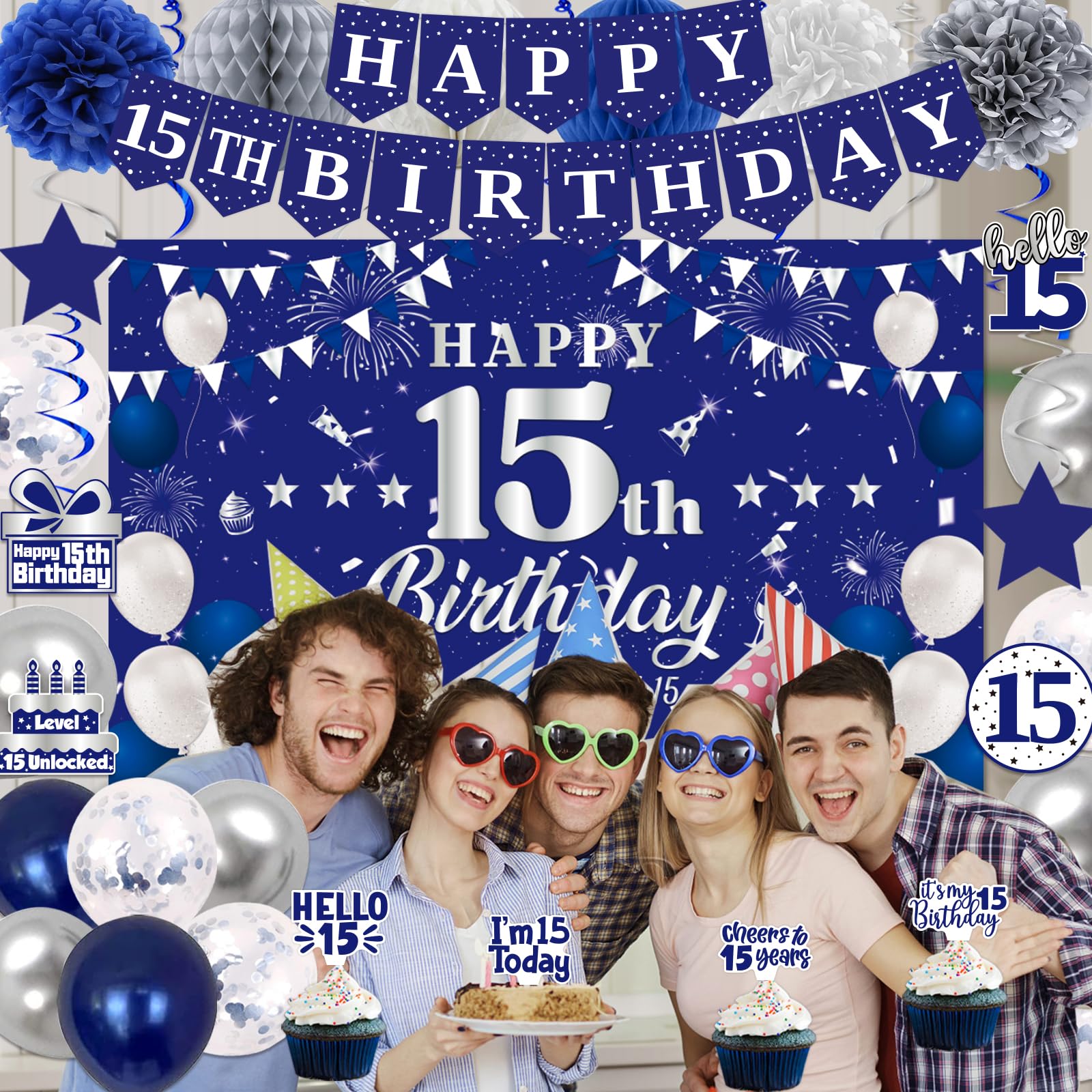 15th Birthday Decorations for Boys Girls, Blue Silver Happy 15th Birthday Party Decorations, Happy 15th Birthday Backdrop, Banner, Balloons, Hanging Swirls, Birthday Cards, Cake Toppers, Pompoms 54pcs