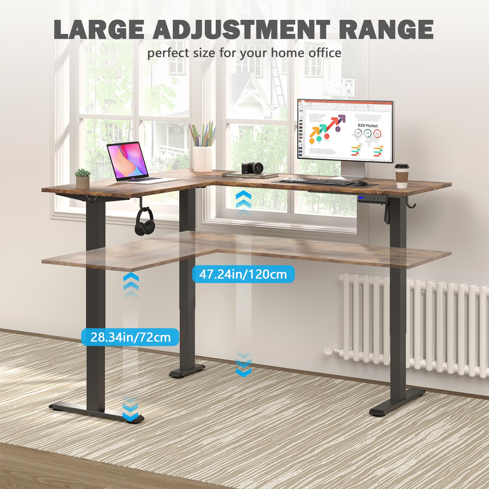 Mr IRONSTONE L Shaped Electric Standing Desk, 59 x 47 Inch Height Adjustable Desk, Corner Adjustable Desk Sit Stand Desk Home Office Computer Desk, Rustic Brown