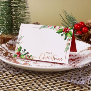 50pcs Christmas Place Cards for Table Setting Holiday Holly Berry Tented Foldable Name Place Cards for Tables Christmas Party (Merry Christmas)