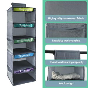 Yuuchoringee 5-Shelf Weekly Clothes Organizer for Kids Days of The Week Hanging Storage Shelves Dorm Room Essentials Daily Shelf Hanging Closet Organizer with 6 Side Pockets…