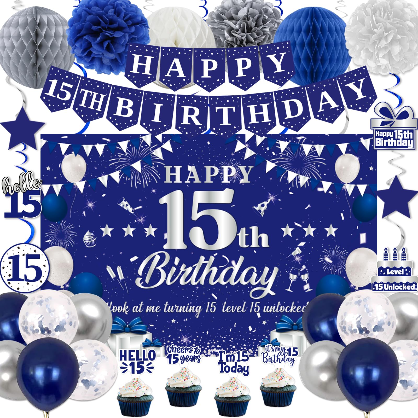 15th Birthday Decorations for Boys Girls, Blue Silver Happy 15th Birthday Party Decorations, Happy 15th Birthday Backdrop, Banner, Balloons, Hanging Swirls, Birthday Cards, Cake Toppers, Pompoms 54pcs