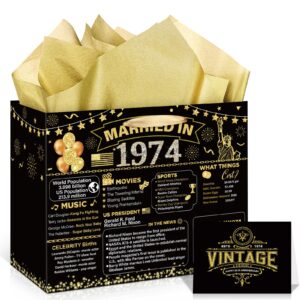 black gold vintage 50th anniversary paper gift bag married in 1974 gift bag with tissue papers and card, 50th wedding anniversary paper gift wrapping bag for 50th golden wedding anniversary decor