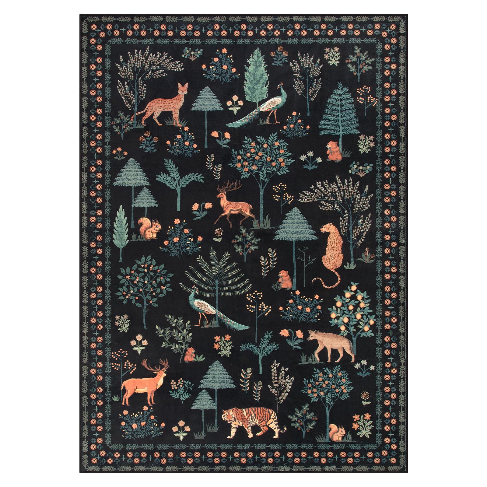 Lahome Jungle Animal Black Living Room Rug, 5x7 Washable Area Rug Soft Large Rugs for Bedroom Aesthetic, Modern Tree Classroom Playroom Rug Stain Resistant Carpet for Nursery Office Dorm, Black