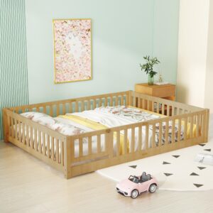 bellemave queen size floor bed with door,kids montessori floor bed with slats and fence,solid wood queen bed frame for girls boys(queen,natural)